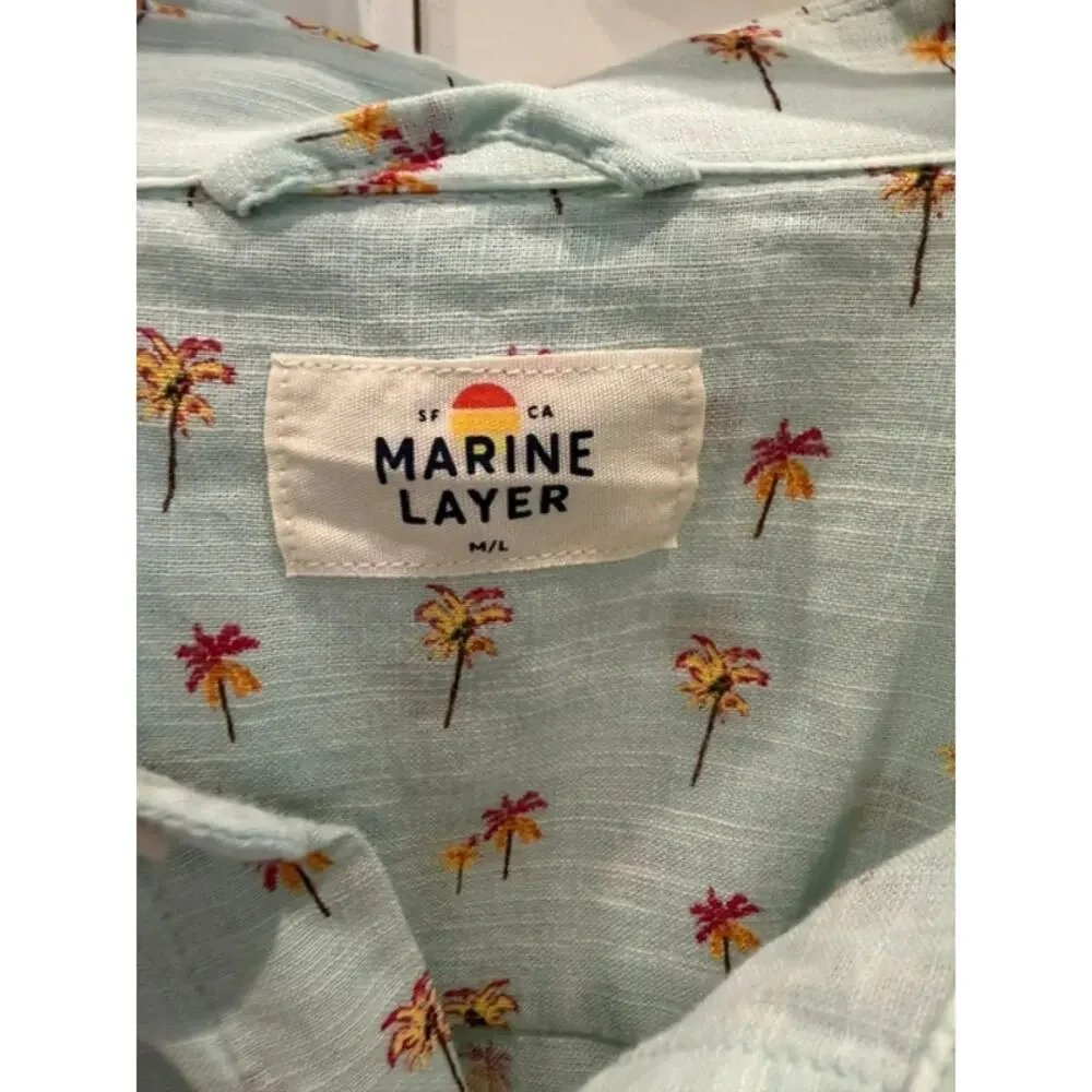 Marine Layer Palm Tree Shirt Men's M/L 100% Cotton Short Sleeve Button Up Aqua - Picture 7 of 10